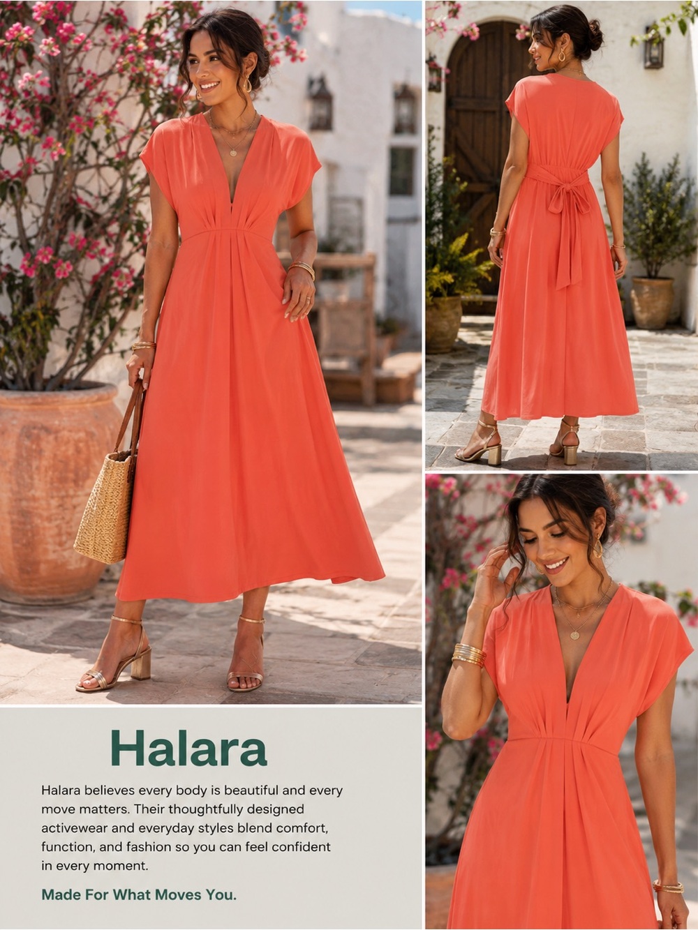 NWT HALARA Breezeful Coral V-Neck Tie-Back Midi Dress Size M